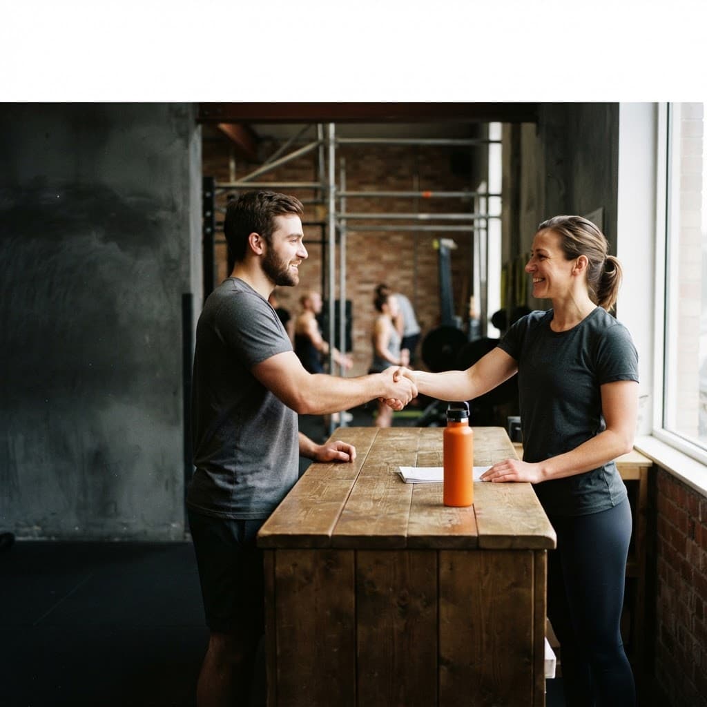 Gym instructor greeting a member at the front desk